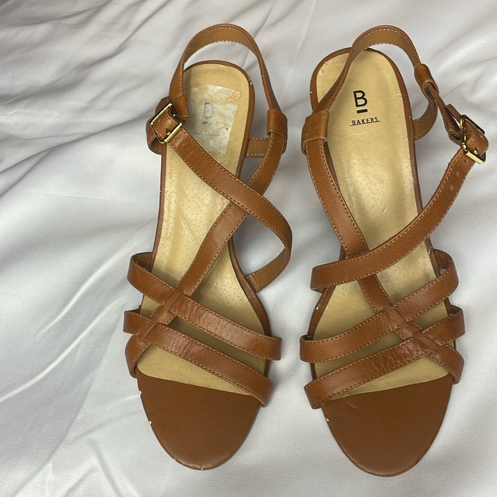 Bakers tan leather strappy heels, women’s size 9, previously worn, mild wear